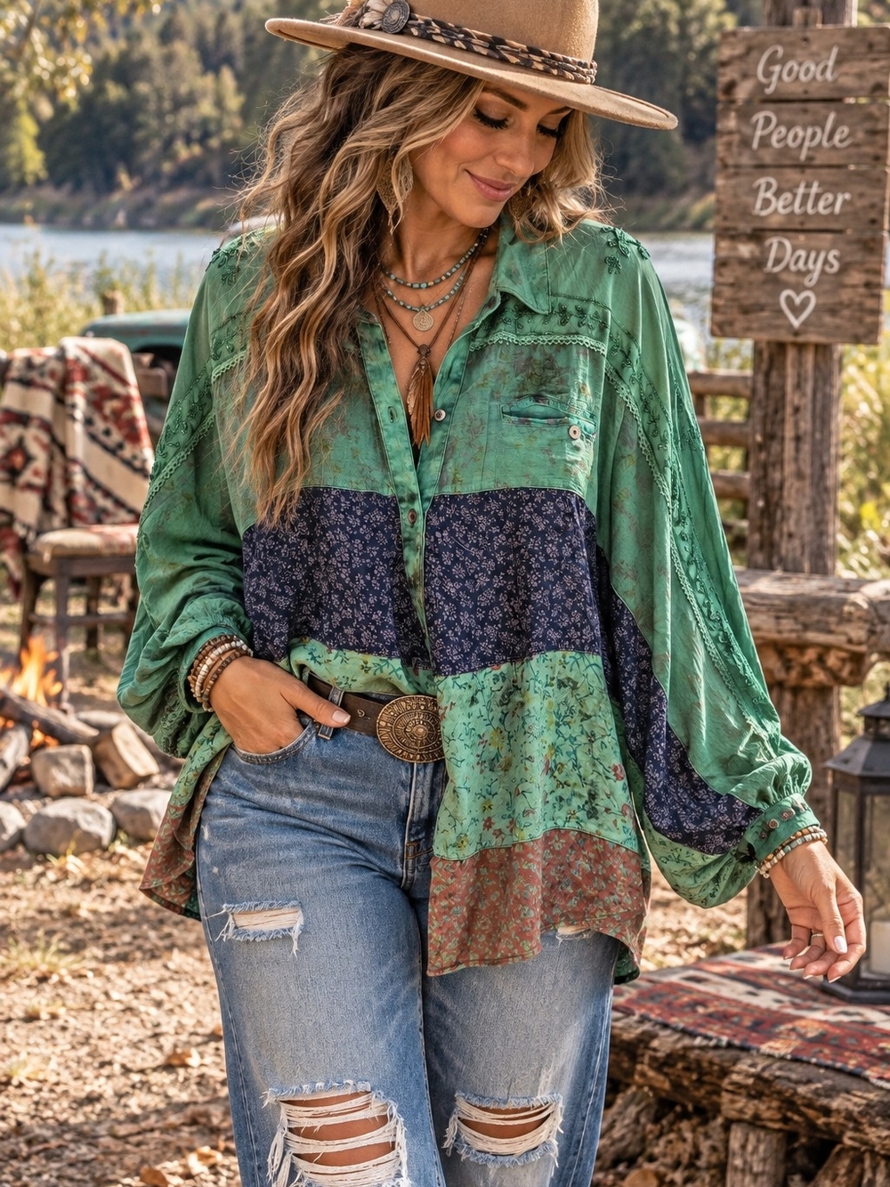 Young Threads Women's Color Block Button Down Blouse Green & Blue Large NWT